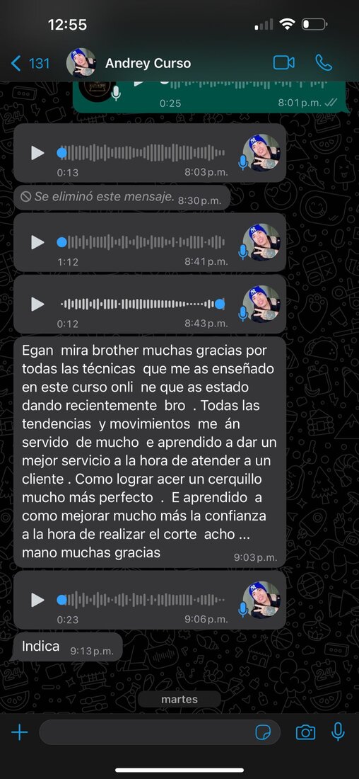 Captura de mensaje de Andrey agradeciendo a Egan por el curso