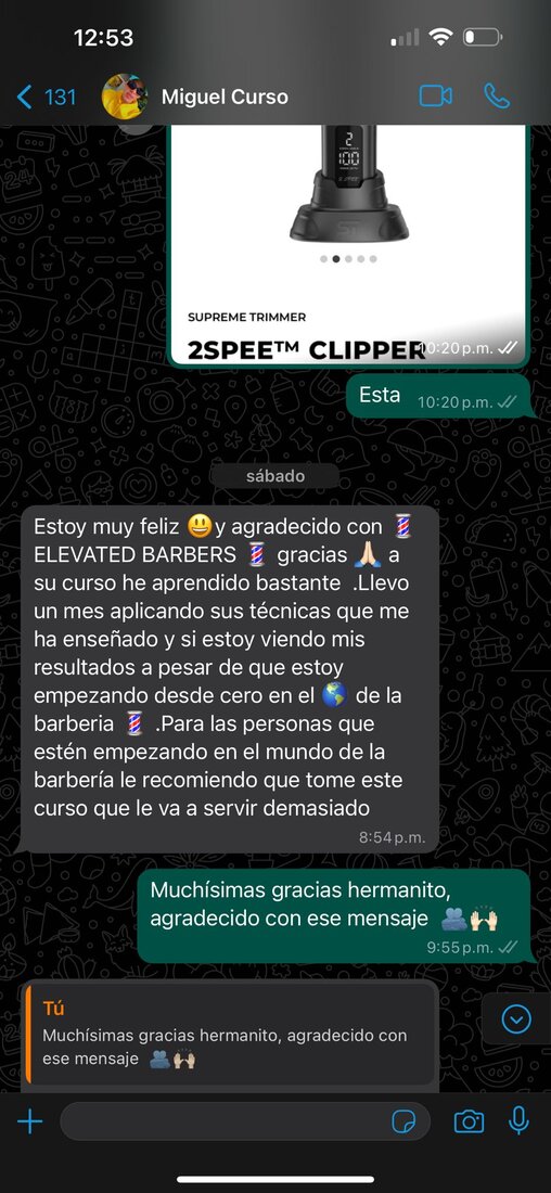 Captura de mensaje de Miguel sobre el curso